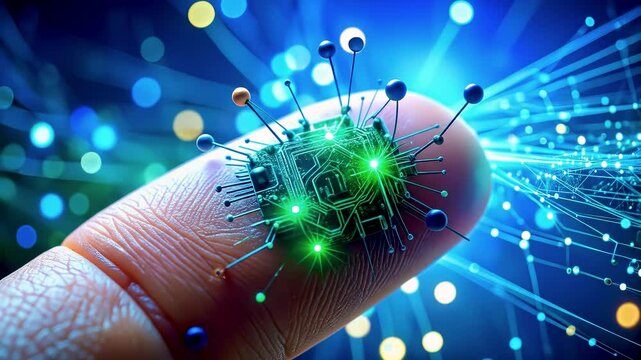 Close up of a finger holding a glowing micro smart dust sensor, representing futuristic nanotechnology and wireless data communication.