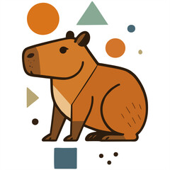 A stylized illustration of a capybara in orange tones on a beige background, surrounded by geometric shapes like circles, triangles, and rectangles in vibrant colors.