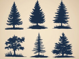 Obraz premium Evergreen coniferous forest trees are showcased in a modern illustration that features vintage trees and forest silhouettes in a monochrome style