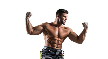 Muscular young bodybuilder flexing his athletic, shirtless torso and strong biceps in a studio