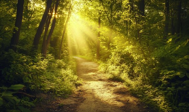 Stock is present when the sun's rays penetrate the forest trees on a sunny day - Powered by Adobe