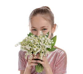 Girl with bouquet of beautiful lily-of-the-valley flowers on white background