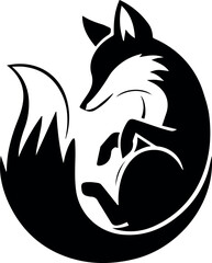 Stylized black and white silhouette of a sleeping fox.