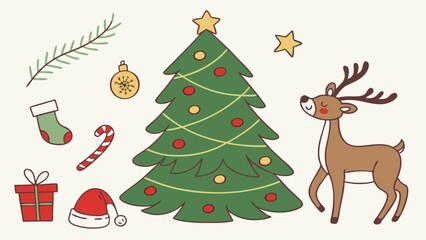 Naklejka premium A festive christmas scene with a decorated tree reindeer gifts and holiday ornaments in a flat design style