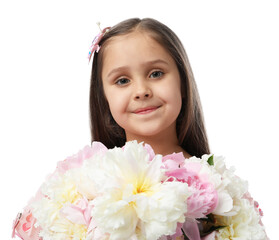 Cute little girl with bouquet of beautiful peonies on white background