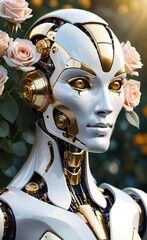 Glamorous Cyborg with Blooming Hair in Enchanted Garden