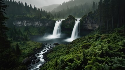 Fototapeta premium Misty waterfall cascading down rocky cliffs, nestled within a lush green forest