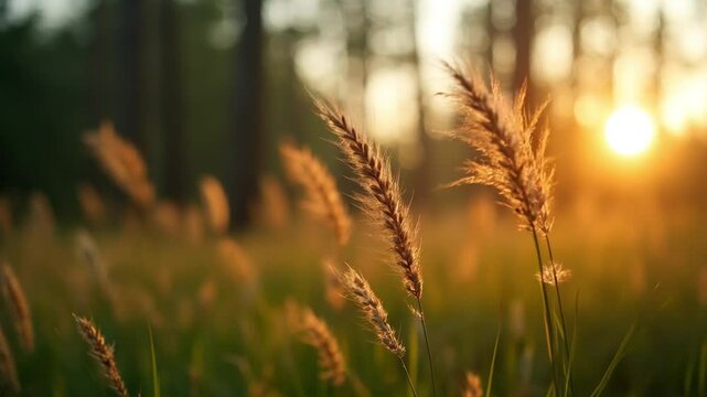 Golden grass swaying gently in the breeze at sunset, capturing the warmth and tranquility of nature in a serene outdoor setting 
