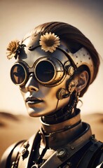 Whimsical Steampunk Robot in Sunset Light with Botanical Accents