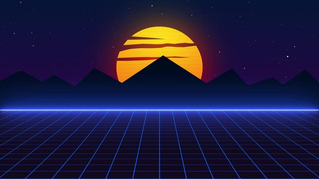 Retro Sunset Grid Landscape with Mountain Silhouette Seamless Loop Animation