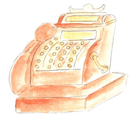 Retro cash register. Watercolor illustration, hand drawn modern freehand new