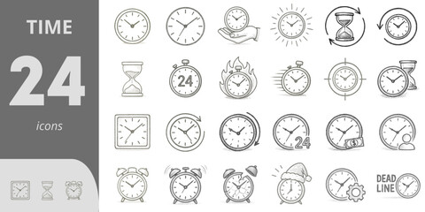 Collection of 24 time-related icons in simple line style  