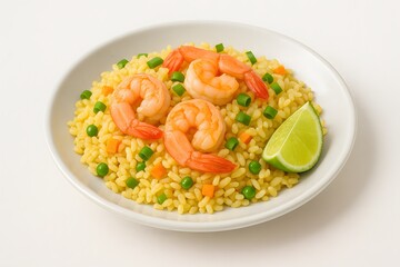 Shrimp fried rice with vegetables on white plate