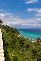 Panorama overlooking the Aegean Sea and coastal path near Afitos, Gr