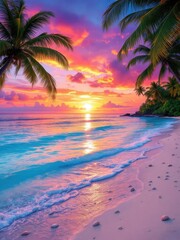 A vibrant sunset over a tropical beach with palm trees and gentle waves lapping on the shore at dusk