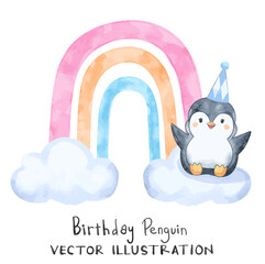 Cute little penguin on white cloud with colorful rainbow behind. Watercolor vector perfect for birthday project and greeting cards design