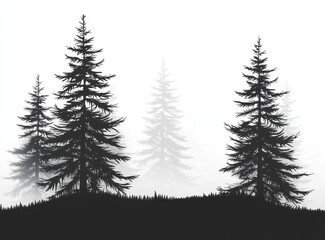 Fototapeta premium A white background showcases fir trees displaying three different grey colors in the forest