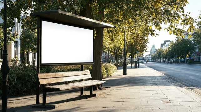 Empty bus stop with a wooden bench and a blank advertisement board under a metal shelter on a sunny urban street.
