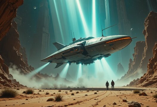 Nave espacial futurista aterrizando en un planeta alien&iacute;gena des&eacute;rtico y misteriosos viajeros espaciales