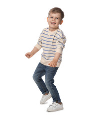 Happy little boy dancing on white background