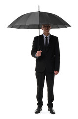 Man in suit with black umbrella on white background
