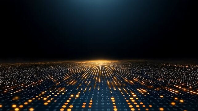 Abstract digital landscape with glowing binary code dark background orange lights