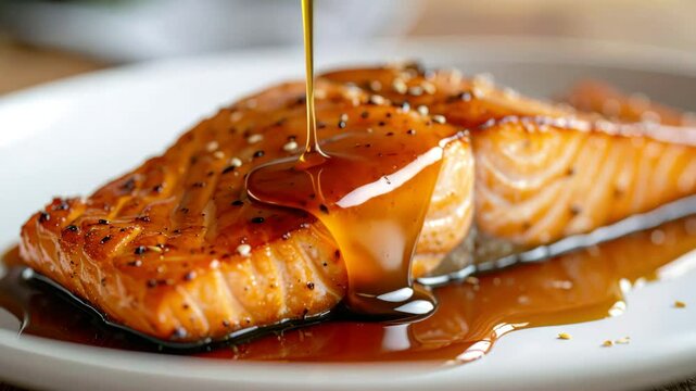 Close-up of a juicy grilled salmon fillet being drizzled with thick teriyaki glaze, garnished with sesame seeds and pepper.