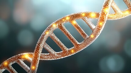 Close up view of a 3D rendered DNA double helix metallic gold glowing segments