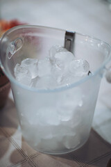 Sparkling ice glistens in a clear bucket, surrounded by vibrant refreshments at a summer gathering under the sun