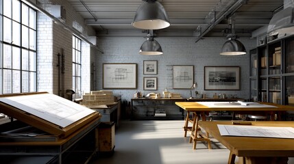 Business background clean architectural office with drafting tables blueprints scale models rulers and industrial decor photorealistic and no people