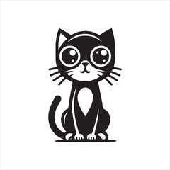 Obraz premium Cute black cartoon cat, sitting, large eyes, simple design.