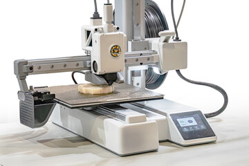 Close-up image of a white, high-precision CNC milling machine Sturdy construction with large table, digital interface screen, buttons, dials, cables organized in the background, bright lighting Wor