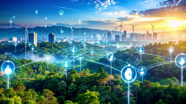 Aerial view of a sustainable city integration with smart technology, showcasing green energy and nature harmony. Concept of smart cities and environmental sustainability. - Powered by Adobe