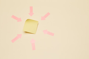 Six red arrow stickers pointing from different directions to the one sticker note sheet located in the center