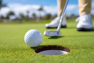 Close-up view of a golf ball about to fall into the hole on a putting green, with a golfer holding a putter in the background