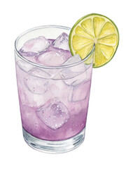 Purple cocktail with ice and lime wedge in rocks glass, watercolor illustration