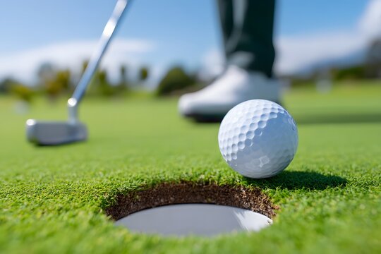 Golf ball on green course, Hole with flagstick. copy space