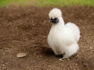 White Silkie Chicken Standing on Dirt