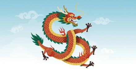 The dragon has a golden and black color scheme, surrounded by flames and clouds.
