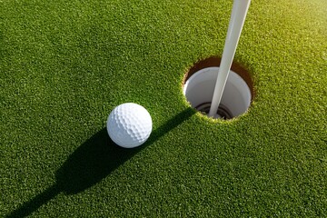 Golf ball on green course, Hole with flagstick. copy space