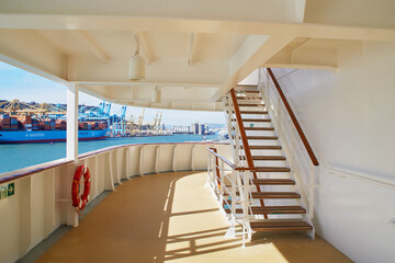 [Barcelona, Spain 15.05.2025] Maersk cargo ship seen from cruise ship deck at port on a sunny day