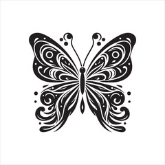 Ornate black and white butterfly design, intricate wing details, symmetrical pattern.