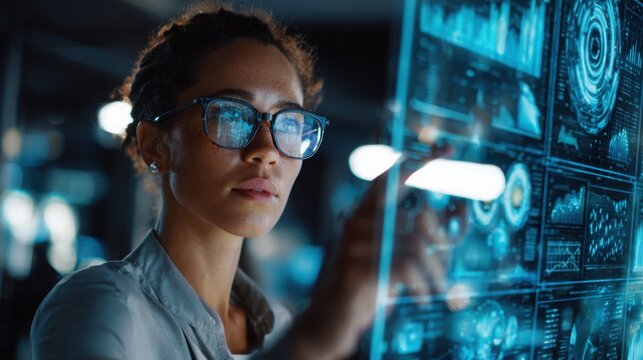 A businesswoman analyzing holographic data charts in a futuristic office