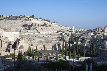 Fototapeta premium Israel, Jerusalem; view of buildings in the Kidron Valley and the cemetery on slope of the Mount of Olives