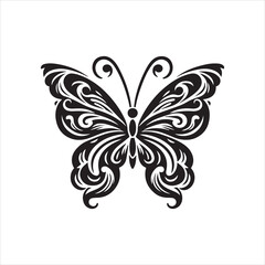Ornate black and white butterfly design, intricate details, elegant silhouette.