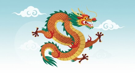 Fototapeta premium The dragon has a golden and black color scheme, surrounded by flames and clouds.