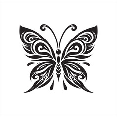 Ornate black and white butterfly design, intricate wing details, symmetrical pattern.