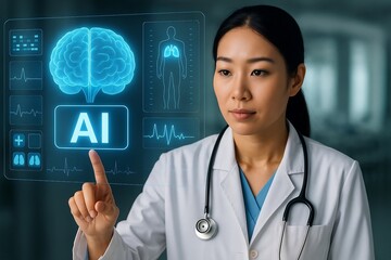 Asian female doctor using futuristic AI medical interface for patient diagnosis.