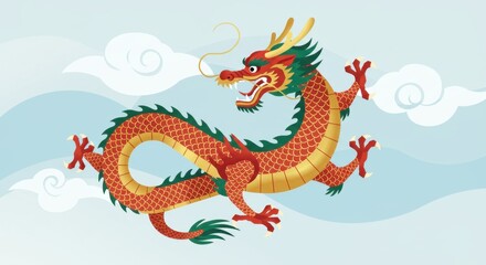 The dragon has a golden and black color scheme, surrounded by flames and clouds.