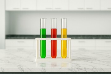 Colorful chemical liquids in glass test tubes on marble laboratory counter.